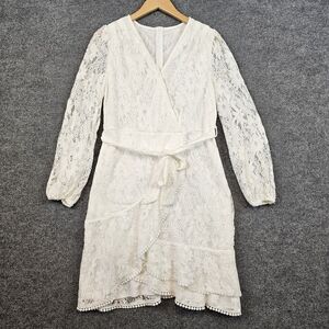 Chic White Lace Wrap Dress | Hi-Low Ruffle Hem | Belted Long Sleeve Mini Size L